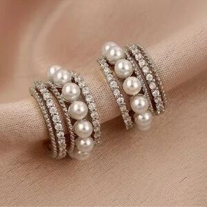Anthropologie Silver Crystal Pearl Hoop Earrings